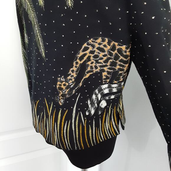 Vintage 80s Beaded Jacket Giraffe Embellished Safari 100% Cotton Button Front M - Picture 5 of 11